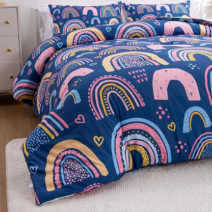 Btargot Lightweight Soft 3 Piece Rainbow Comforter Set with 2 Pillow Covers, Cartoon Love Hearts Suns and Stars Bedding Set for Girls Boys Kids, Twin Dark Blue