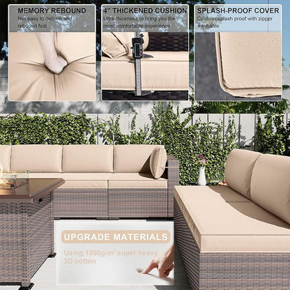 Kullavik 15PCS Outdoor Patio Furniture Set with 43" 55000BTU Gas Propane Fire Pit Table PE Wicker Rattan Sectional Sofa Patio Conversation Sets w/8 Coner Sofas,Sand