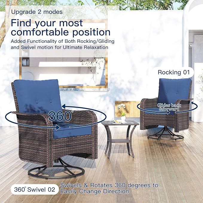 Kullavik 11PCS Outdoor Patio Furniture Set,PE Wicker Rattan Sectional Sofa Patio Conversation Sets with 43" 55000BTU Gas Propane Fire Pit Table,Swivel Rocking Chairs Set,Navy Blue
