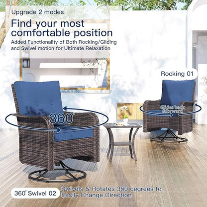 Kullavik 11PCS Outdoor Patio Furniture Set,PE Wicker Rattan Sectional Sofa Patio Conversation Sets with 43" 55000BTU Gas Propane Fire Pit Table,Swivel Rocking Chairs Set,Navy Blue