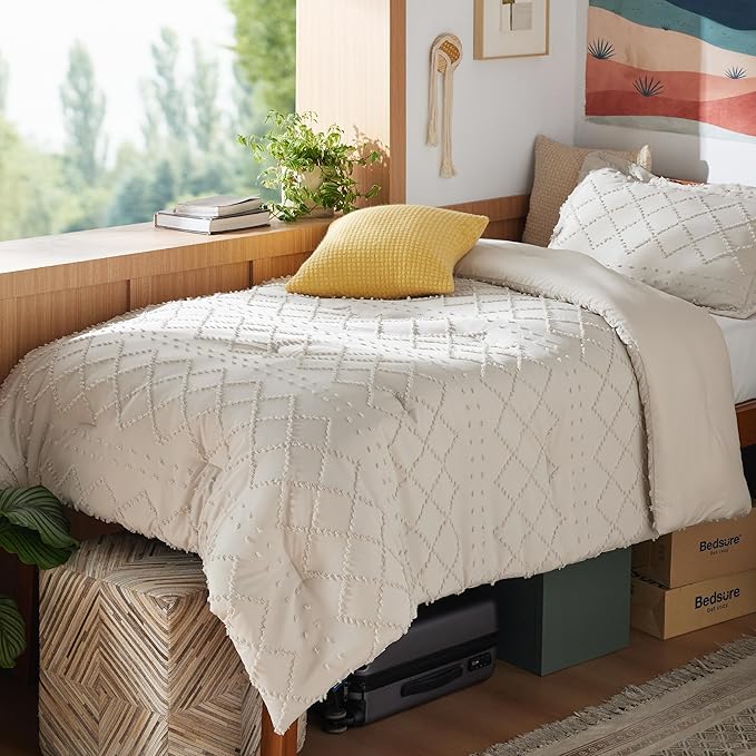 Bedsure Twin XL Comforter Set - Beige Twin Extra Long Comforter Set for College, Shabby Chic Dorm Bedding Set, 2 Pieces Boho Farmhouse Bed Set, includes 1 Pillow Sham
