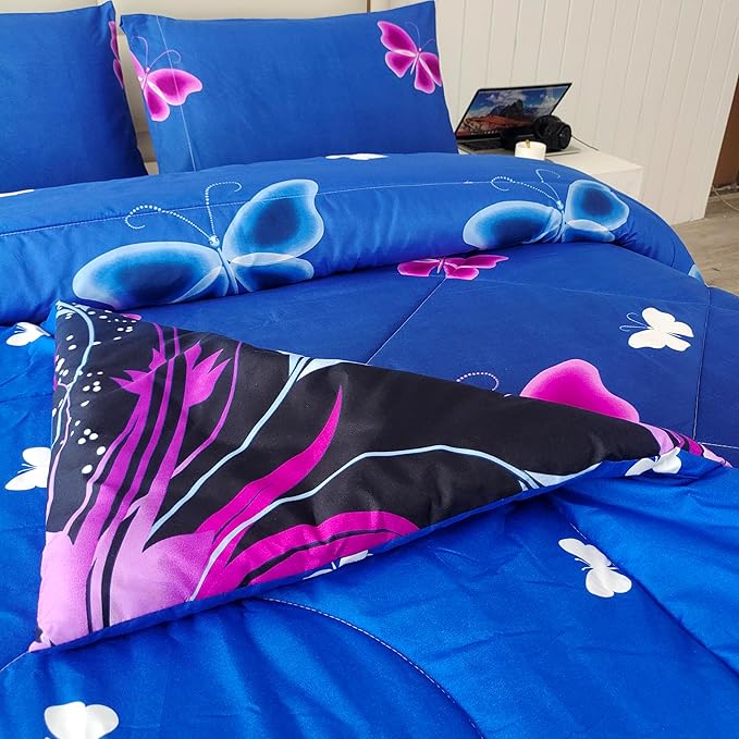 SDY 3PCS Butterfly Comforter Set Queen, Butterfly Bedroom Decor Quilt Bedding Bed in a Bag, Floral Quilts Queen Size for Girls, Kids, Toddler, Children, Teenage, Baby, Women…