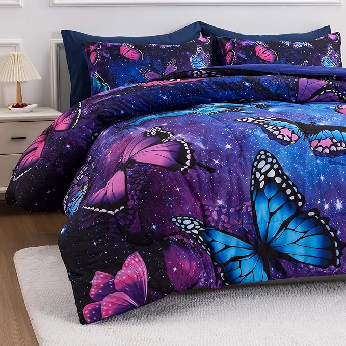 Btargot 3 Piece Butterfly Pattern Girls Comforter Set with 2 Pillow Covers, Galaxy Outer Space Printed Bedding Set for Women, Queen Purple Blue