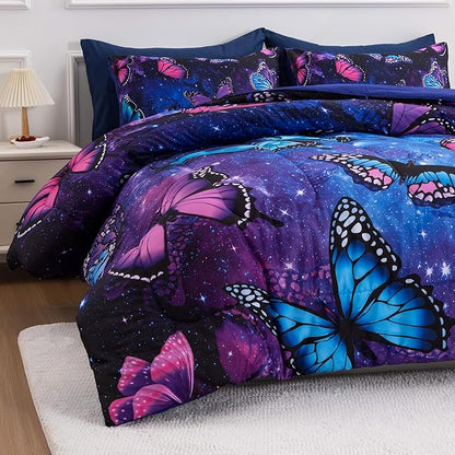 Btargot 3 Piece Butterfly Pattern Girls Comforter Set with 2 Pillow Covers, Galaxy Outer Space Printed Bedding Set for Women, Queen Purple Blue