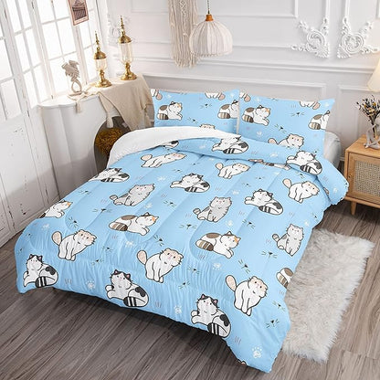 Datura home Blue Kawaii Cat Comforter Bedding Set for Girls Lovely Kitten Print Cute Animal Pattern with 1 and 2 Pillowcases Bedroom All Season(Cat Full), Full 80x90inches