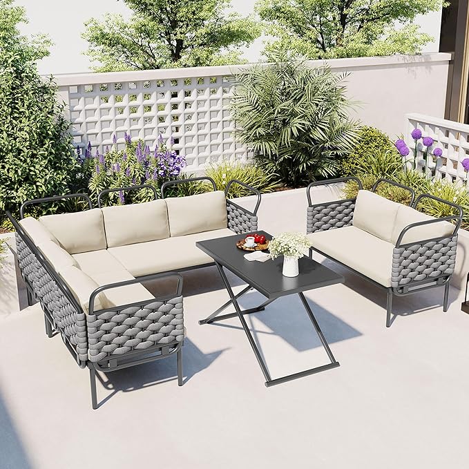 5-Piece Outdoor Furniture Sectional Conversation Sofa Set with Loveseat, Glass Table and Removable Cushions, All Weather Patio Woven Rope L-Shaped Couch for Garden Backyard, Gray+Beige