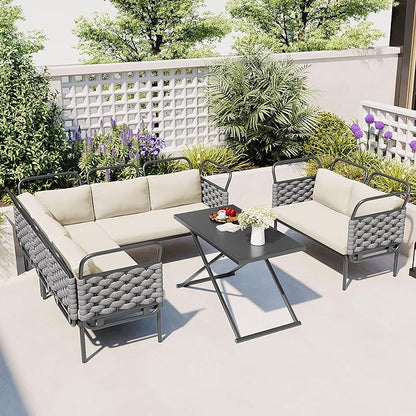 5-Piece Outdoor Furniture Sectional Conversation Sofa Set with Loveseat, Glass Table and Removable Cushions, All Weather Patio Woven Rope L-Shaped Couch for Garden Backyard, Gray+Beige