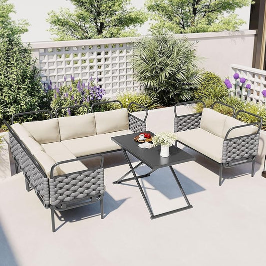 5-Piece Outdoor Furniture Sectional Conversation Sofa Set with Loveseat, Glass Table and Removable Cushions, All Weather Patio Woven Rope L-Shaped Couch for Garden Backyard, Gray+Beige