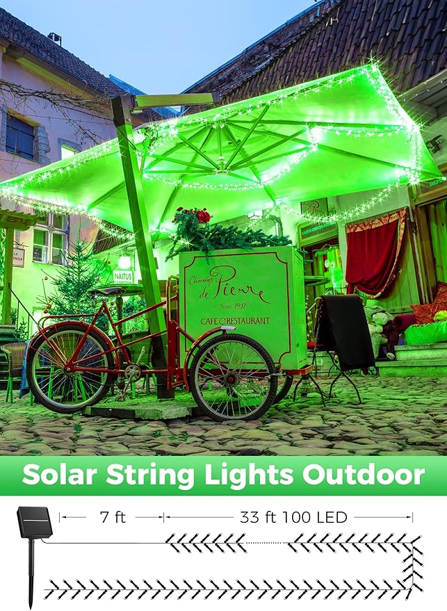 Minetom Solar String Lights Outdoor - 2 Pack Total 80FT 200 LED String Lights Solar Powered with 8 Lighting Mode,String Lights for St Patrick Decoration,Waterproof Solar Lights for Outside Tree, Green