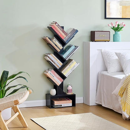 Hoctieon 6 Tier Tree Bookshelf, Tall Bookcase with Drawer, Freestanding Book shelf, Display Floor Standing Storage Shelf, Book Organizer Shelves for Home Office, Living Room, Bedroom, Black