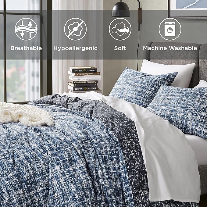 Hyde Lane Twin/Twin XL Kids Comforter Set, Blue Modern Farmhouse Aesthetic Bedding, Teen Boys Plaid Lines Pattern Bed Sets for All Season, 2 Pieces includes 1 Comforter, 1 Sham (66"x 90")