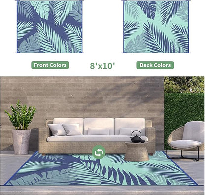GENIMO Outdoor Rug 8' x 10' Waterproof for Patios Clearance, Reversible Outdoor Plastic Straw Camping Rug Carpet, Large Area Rugs Mats for RV, Camper, Deck, Balcony, Porch, Beach Royal Blue&Blue Green