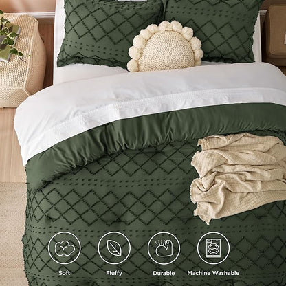 Bedsure Full Size Comforter Set - Olive Green Comforter, Boho Tufted Shabby Chic Bedding Comforter Set, 3 Pieces Farmhouse Bed Set for All Seasons, Fluffy Soft Bedding Set with 2 Pillow Shams