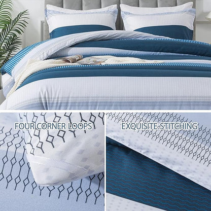 Andency Stripe Comforter Set Full Size (79x90 Inch), 3 Pieces Navy Patchwork Striped Comforter, Soft Microfiber Down Alternative Comforter Bedding Set with Corner Loops