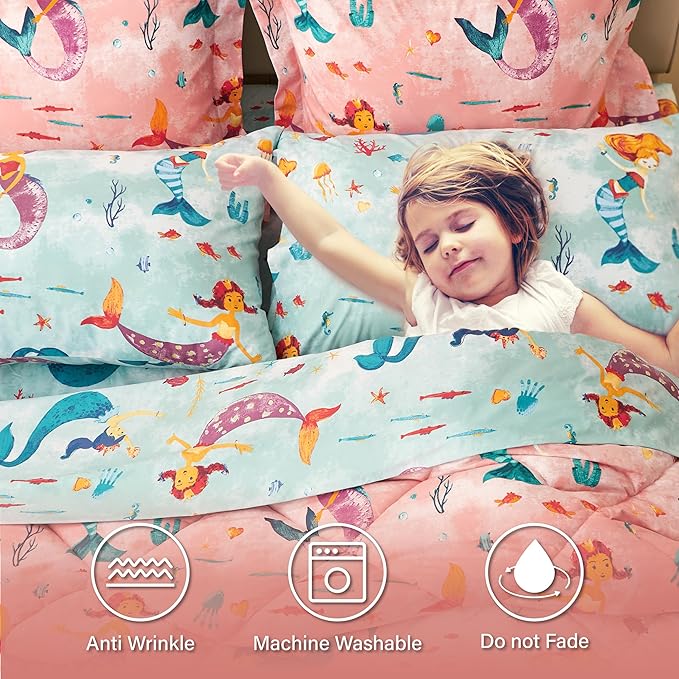 Twin Size Mermaid Kids Bedding Set for Girls, 7 Pieces Super Soft Lightweight Microfiber Comforter Set with Sheets, Bed in a Bag, Durable Children Bed Set