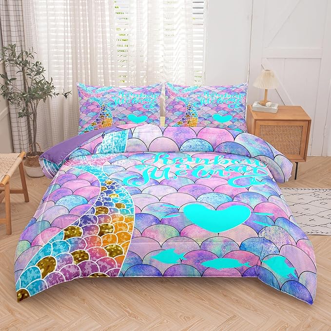 NINENINE Rainbow Mermaid Bedding Twin Princess Comforter Sets for Teens Girls,Blue and Purple Glitter Bedding Sets,Sparkly Fish Scales Comforter Sets with 1 Comforter 1Pillowcase