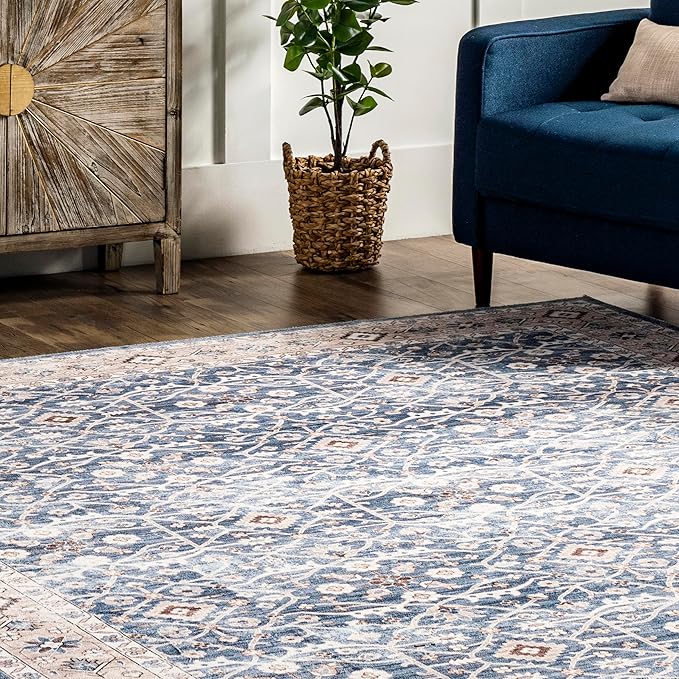nuLOOM Shae Faded Persian Bordered Machine Washable Ultra Thin Area Rug, 8' x 10', Blue