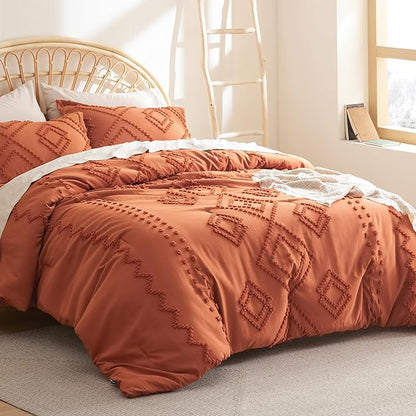 Bedsure Boho Comforter Set Queen - Terracotta Tufted Bedding Comforter Set, 3 Pieces Farmhouse Shabby Chic Embroidery Bedding Set, Soft Geometric Pattern Comforter for All Seasons