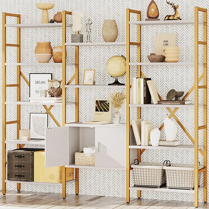 Triple 5 Tier Bookshelf, Industrial Large Bookcase with Storage Cabinet, Tall Gold Bookshelf with 14 Open Display Shelves Metal Frame Furniture for Living Room Bedroom Home Office Gold & White
