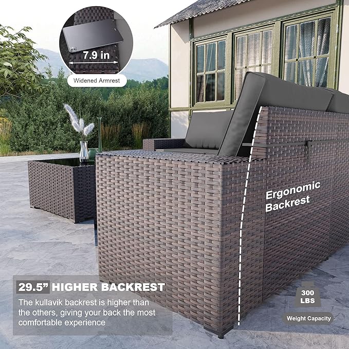 Kullavik 13PCS Outdoor Patio Furniture Set with 43" 55000BTU Gas Propane Fire Pit Table PE Wicker Rattan Sectional Sofa Patio Conversation Sets,Grey