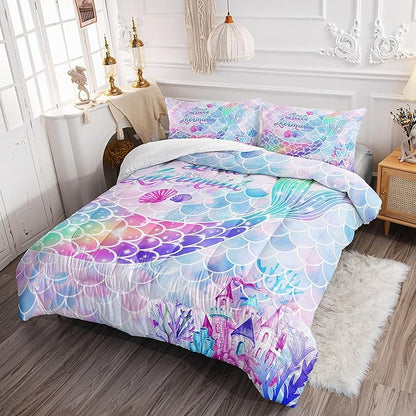 Datura home Bedding Comforter Set Rainbow Purple Mermaid Tail Printed Comforter Set with 1 Comforter and 2 Pillowcases for Girls Bedroom All Season(Rainbow Purple Full)