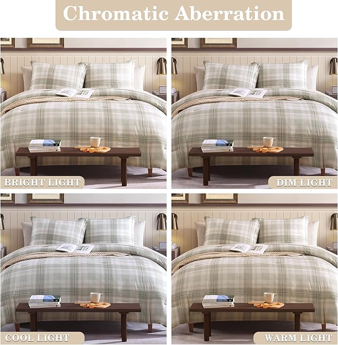 Beige Queen Bed Set, Khaki Green Plaid Comforters Queen Size for Boys & Girls,Classic Homestead-style Queen Size Comforter Sets with Sheets and Comforter Set