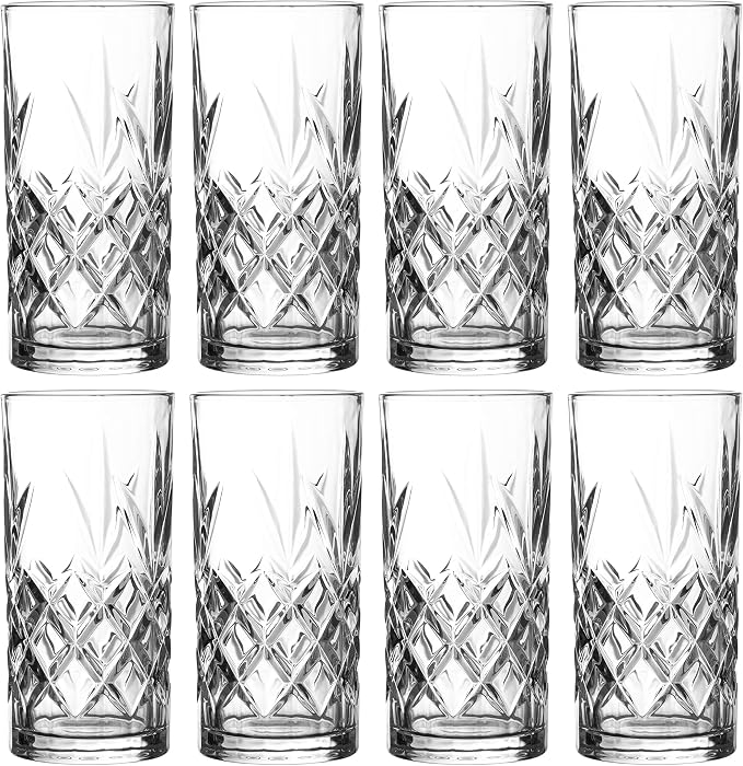 Royalty Art Kinsley Tall Highball Glasses, Set of 8, 12 oz Cups | Textured designer glassware, water, beer, soda, trendy elegant dishware, dishwasher safe