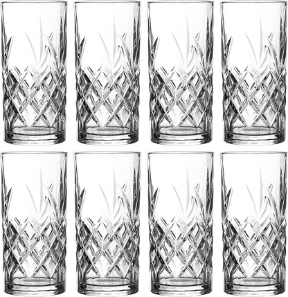 Royalty Art Kinsley Tall Highball Glasses, Set of 8, 12 oz Cups | Textured designer glassware, water, beer, soda, trendy elegant dishware, dishwasher safe