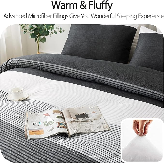 Andency Twin Comforter Set Black, 2 Pieces Black White and Gray Patchwork Striped Comforter(66x90 Inch), Soft Microfiber Down Alternative Twin Comforter Bedding Sets with Corner Loops