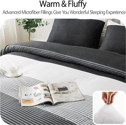 Andency Twin Comforter Set Black, 2 Pieces Black White and Gray Patchwork Striped Comforter(66x90 Inch), Soft Microfiber Down Alternative Twin Comforter Bedding Sets with Corner Loops