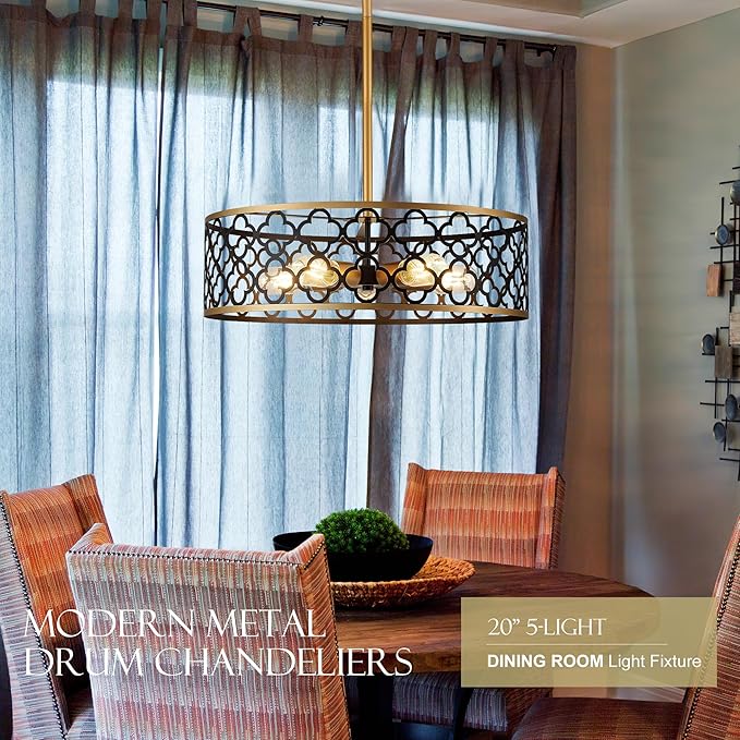 5-Light Drum Chandeliers for Dining Room,19.7" Rustic Farmhouse Dining Room Light Fixture, Black&Gold Metal Hanging Pendant Light for Living Room Bedroom Kitchen Entryway Foyer