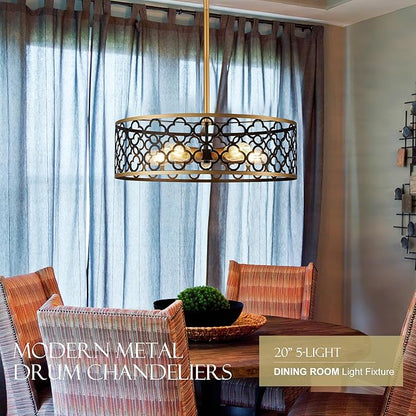 5-Light Drum Chandeliers for Dining Room,19.7" Rustic Farmhouse Dining Room Light Fixture, Black&Gold Metal Hanging Pendant Light for Living Room Bedroom Kitchen Entryway Foyer