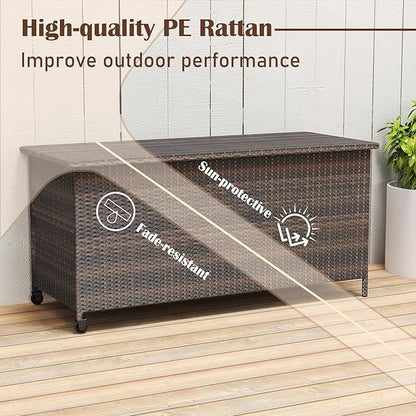 RELAX4LIFE 85-Gallon Deck Box with Wheels - Wicker Rattan Storage Bin Container w/Waterproof Liner & Gas Strut for Patio Cushions, Garden Tools, Pool Supplies, Indoor Outdoor Storage Box (Brown)