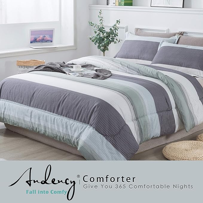 Andency Stripe Comforter Set Queen Size (90x90 Inch), 3 Pieces Mint Green Patchwork Striped Comforter, Soft Microfiber Down Alternative Comforter Bedding Set with Corner Loops
