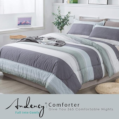 Andency Stripe Comforter Set Full Size (79x90 Inch), 3 Pieces Mint Green Patchwork Striped Comforter, Soft Microfiber Down Alternative Comforter Bedding Set with Corner Loops
