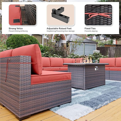 Kullavik 10 Pieces Outdoor Patio Furniture Set with 43" Gas Propane Fire Pit Table PE Wicker Rattan Sectional Sofa Patio Conversation Sets,Red
