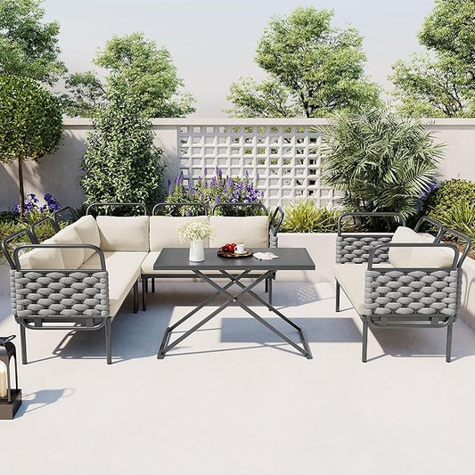 5-Piece Outdoor Furniture Sectional Conversation Sofa Set with Loveseat, Glass Table and Removable Cushions, All Weather Patio Woven Rope L-Shaped Couch for Garden Backyard, Gray+Beige