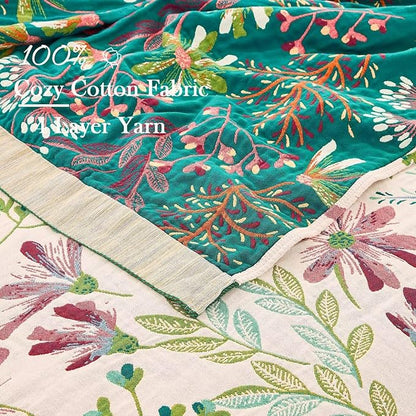 Boho Throw Blanket for Bed, 100% Cotton Soft Rustic Quilt Fall Blanket, 60"x80" Floral Printed Farmhouse Decor Bed Blankets, All Season Rustic Reversible Bohemian Throw Quilt