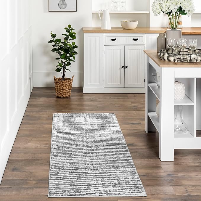nuLOOM Avelina Abstract Stripes Machine Washable Ultra Thin Runner Rug, 2' 6" x 8', Light Grey