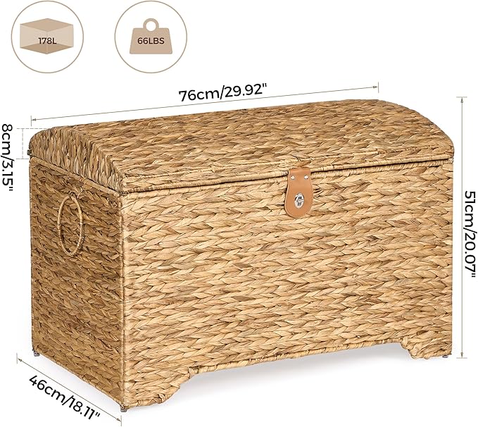 Handwoven Storage Basket with Lid, 178L Wicker Storage Bin, Natural Water Hyacinth, Leather Buckle & Metal Frame, Metal Ring Handles for Easy Transport, Storage Chest & Trunk for Bedroom, Living Room