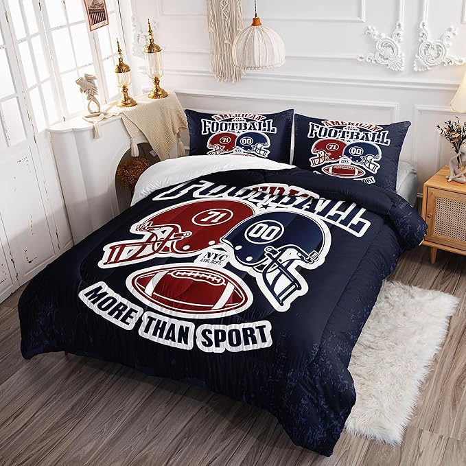 Datura home American Football Comforter Set Vintage Navy American Football Printed Quilt Bedding Set with 1 Comforter and 2 Pillowcases for Boys and Girls Bedroom All Season(Football Navy Queen)