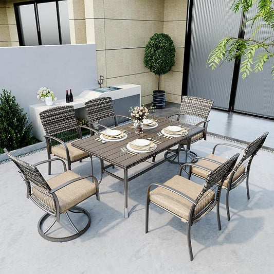 Pamapic 7 Piece Patio Dining Set for 6,Wicker Outdoor Furniture Set for Backyard Garden Deck Poolside with Iron Slats Table Top,4 Dining Chairs and 2 Swivel Rockers,Removable Cushions(Beige)