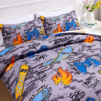 Btargot Gaming Stone Pattern Comforter Set for Boys Girls Kids, 3 Pieces Reversible Skateboard Game Console Flame Painting Bedding Set, Grey Full