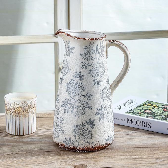 Enra Blue and White vase with Handle,12.2 inch Ceramic Vintage Decorative Flower Pitcher vase, Chinoiserie Floral Vase,Large Rustic Vases for Home Decors, Living Room, Bookshelf, Office