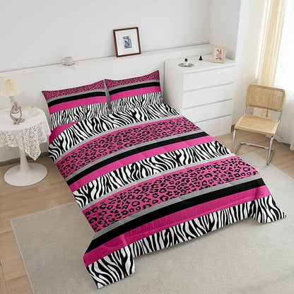 Zebra Stripes Comforter Leopard Print Comforter Set For Kids Boys Girls Pink Black White Zebra Leopard Fur Bedding Set Ultra Soft Decor Wild Animal Skin Texture Pattern Duvet Set King Size Quilt Set