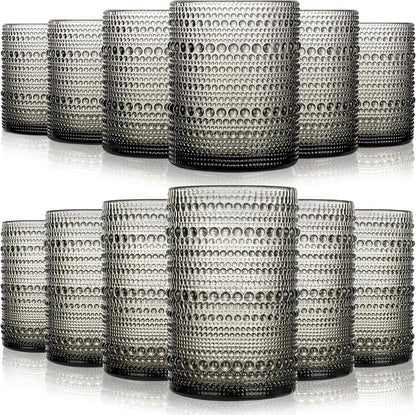 KMIGRUAN Hobnail Drinking Glasses Set of 12, 15Oz & 12Oz Cocktail Glasses | Grey Vintage Highball Glasses, Embossed Beaded Water Tumbler for Juice and Various Mixed Drinks, Kitchen Drinking Glasses