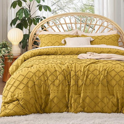 Bedsure King Size Comforter Set - Mustard Yellow Comforter, Boho Tufted Shabby Chic Bedding Comforter Set, 3 Pieces Farmhouse Bed Set for All Seasons, Fluffy Soft Bedding Set with 2 Pillow Shams
