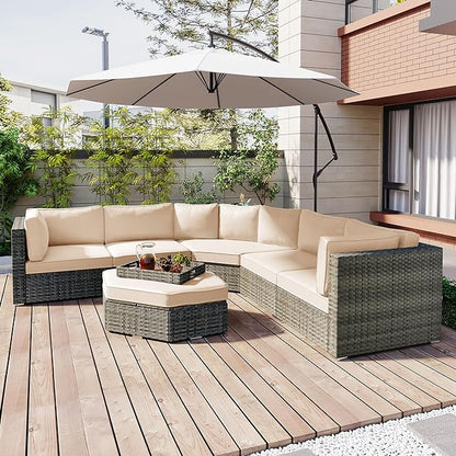 6 Piece Outdoor Patio Furniture Set Conversation Sofa, All Weather Wicker L shaped Sectional Couch with Ottoman, Small Trays and Removable Cushions, for Garden Backyard, Beige