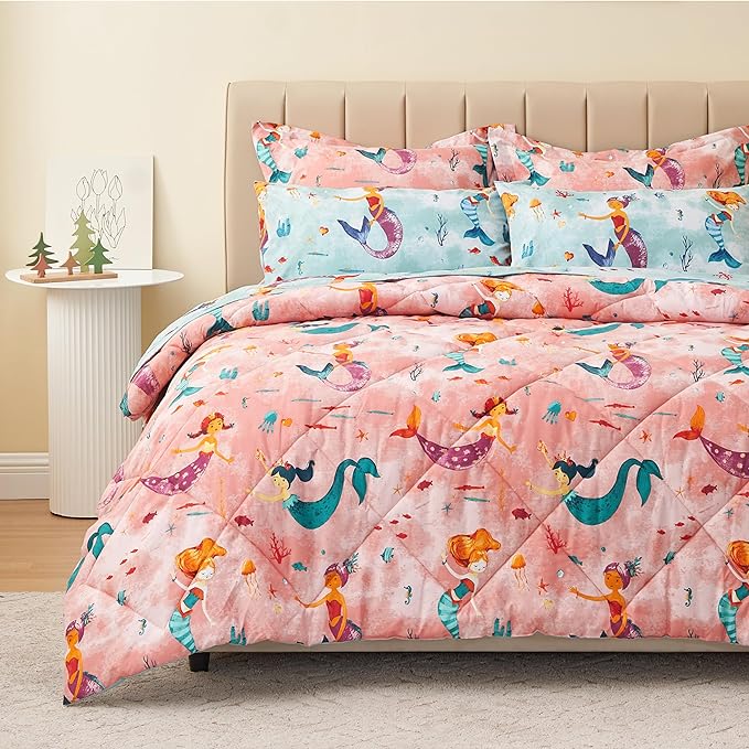 Twin Size Mermaid Kids Bedding Set for Girls, 7 Pieces Super Soft Lightweight Microfiber Comforter Set with Sheets, Bed in a Bag, Durable Children Bed Set