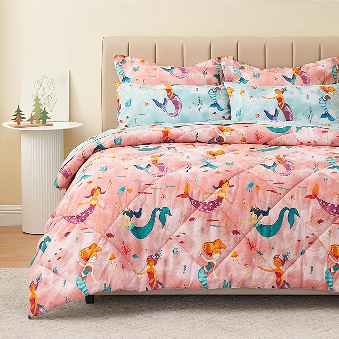 Twin Size Mermaid Kids Bedding Set for Girls, 5 Pieces Super Soft Lightweight Microfiber Comforter Set with Sheets, Bed in a Bag, Durable Children Bed Set